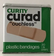 Vintage Curad Ouchless Metal Tin Box 30-1" Transparent Bandages Curity Colgate