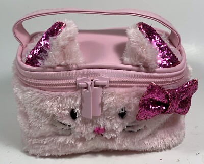 Cat Makeup Pouch Bag Case Cosmetics Train Case Glitter Kitty Cat Pink