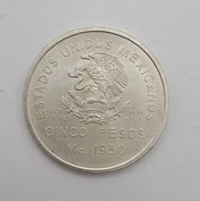Very Rare Mexico Silver Cinco Pesos 1950, Opening of the Southeastern Railroad