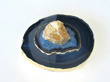 Navy Blue Agate Tealight Candle Holder - Agate Lid Topped with Rough Calcite