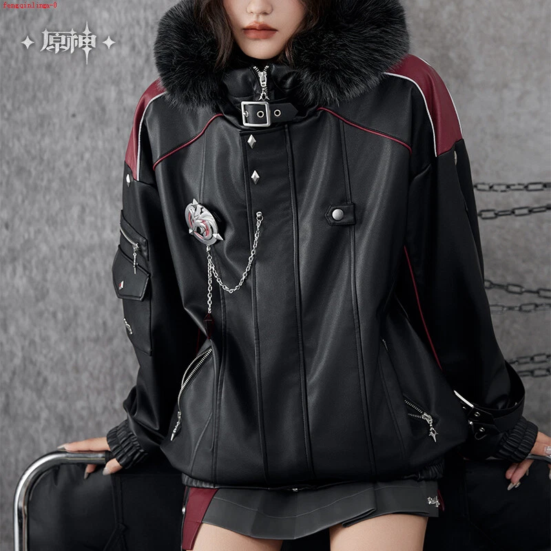 Genshin Impact Official Wriothesley Theme PU Hooded Jacket Warm Lined Coat Tops - Image 4 of 4