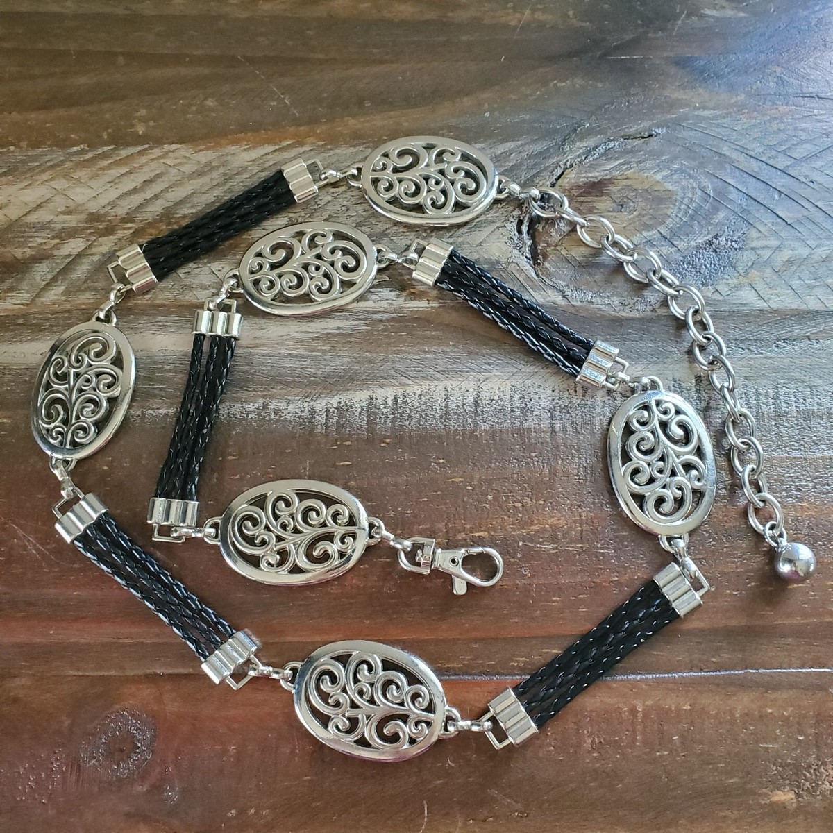 Braided Brown Leather belt with Decorative Silver Medallions Heavy Brown Leather Belt Metallic Silver Whip Stitching  main image 2