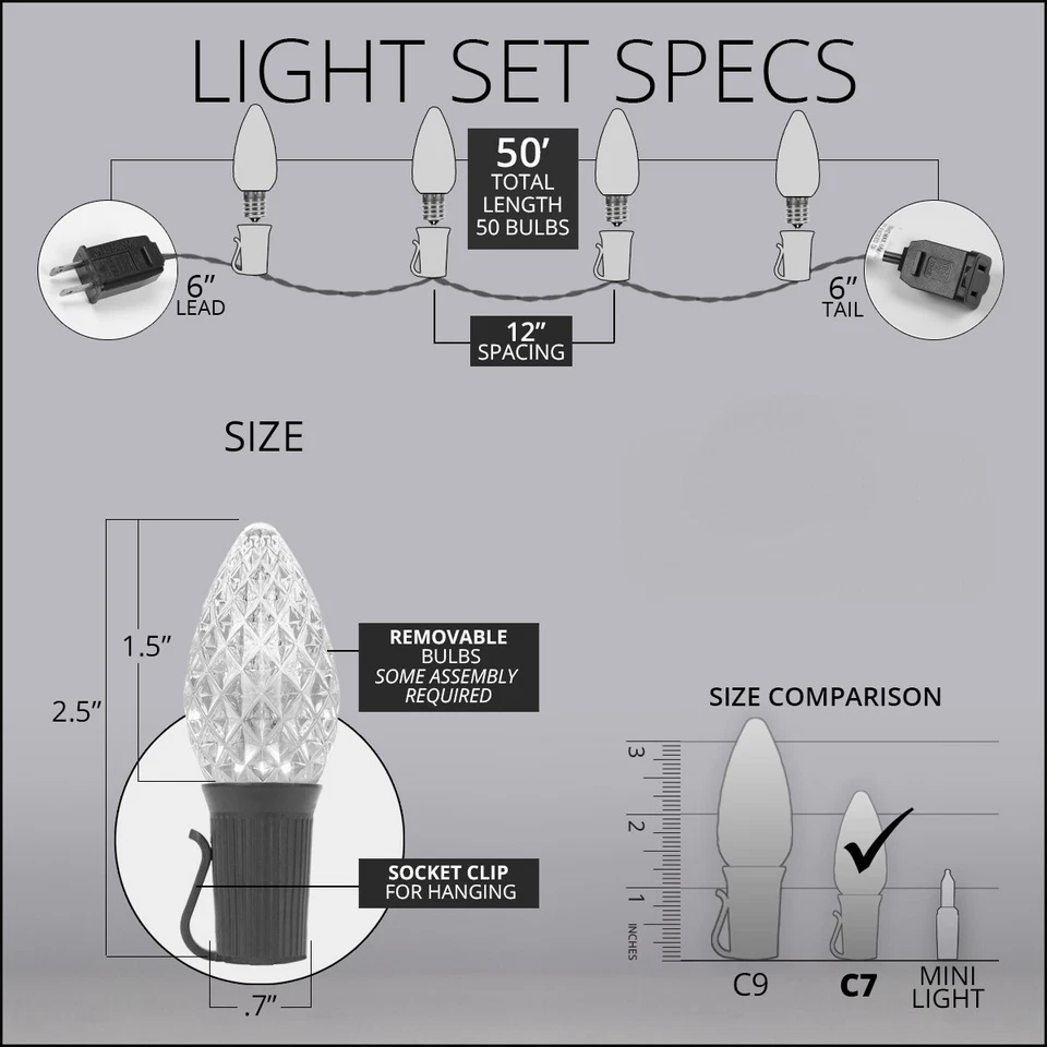 50 C7 OptiCore Shatterproof LED Christmas Lights Faceted Finish, Green Wire 50ft - Image 3 of 4