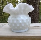 Vintage Hobnail White Milk Glass Ruffled Mini 3" Tall Bowl Vase