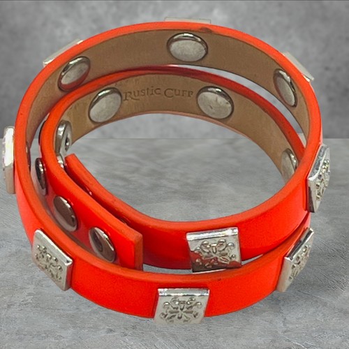 Rustic Cuff Meagan Orange Patent Leather Silver Tone Peg Double Wrap Bracelet - Picture 5 of 10