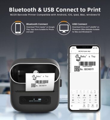 Phomemo M220 labelprinter, upgrade barcode-printer, Bluetooth draagbare thermische labelprinter, stickermaker voor adres, mailing, thuis, kleine bedrijven, compatibel met telefoon, pc