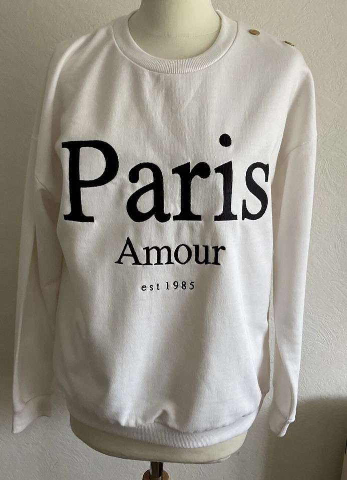 BNWOT Paris “Amour” Button Detail Sweatshirt, Ivory, Medium - Image 3 of 4