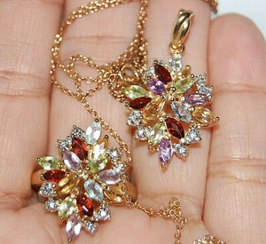Authentic 10K Gold Plated Over 925 Sterling Silver Multi Gemstone Pendant Necklace Ring 8