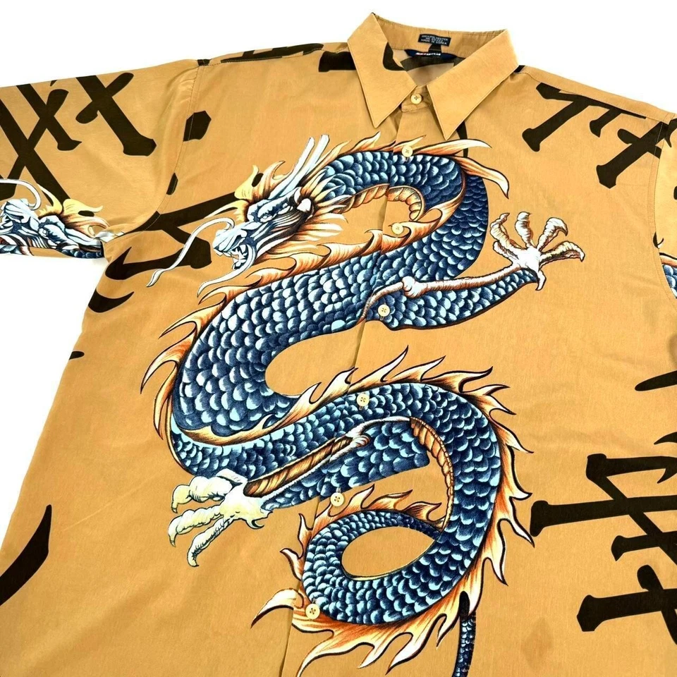 Y2K 2000s Dragon Grunge Estilo JNCO Manga Corta Grande Abotonada M Foto 2 de 4