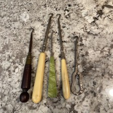 VINTAGE SHOE BUTTON HOOK LOT OF 5: Wooden Handle, Metal, Celluloid