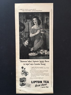 1946 Lipton Tea Ad  Between takes, Lipton s brisk flavor is tops  Loretta Young