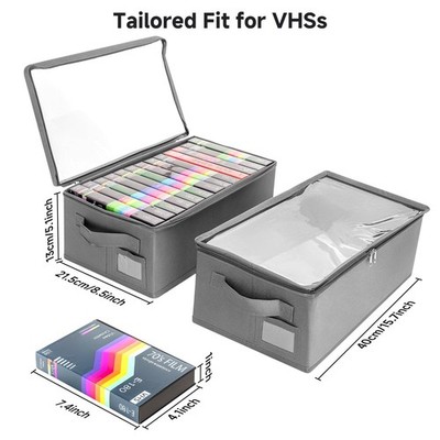 2 Pack VHS Storage Box Cassette Tape Organizer Clear PVC Lid Holds