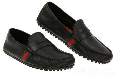 NEW GUCCI BLACK UNLINED LEATHER WEB DETAIL MOCCASINS DRIVER SHOES 14.5 G/US 15