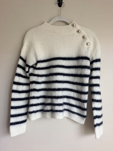 La Maille Sezane Striped Mock Neck Rudy Sweater Jumper S Small Button Shoulder