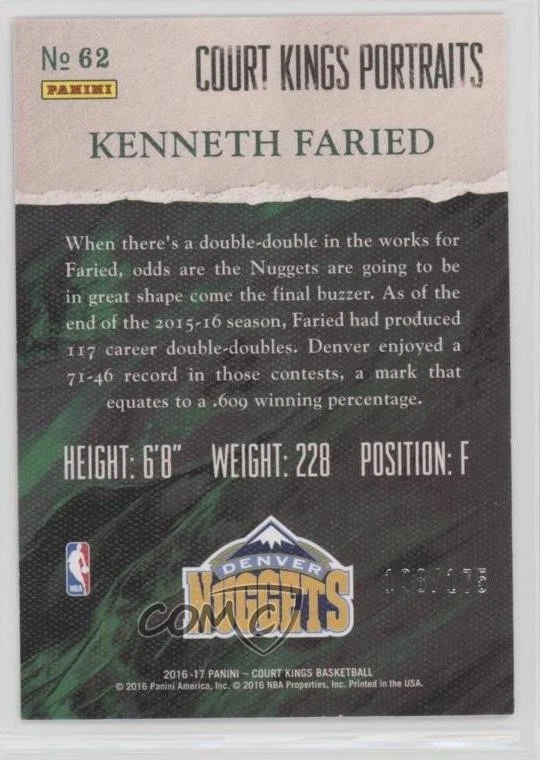 2016-17 Panini Court Kings Portraits /175 Kenneth Faried #62 - Image 2 of 2