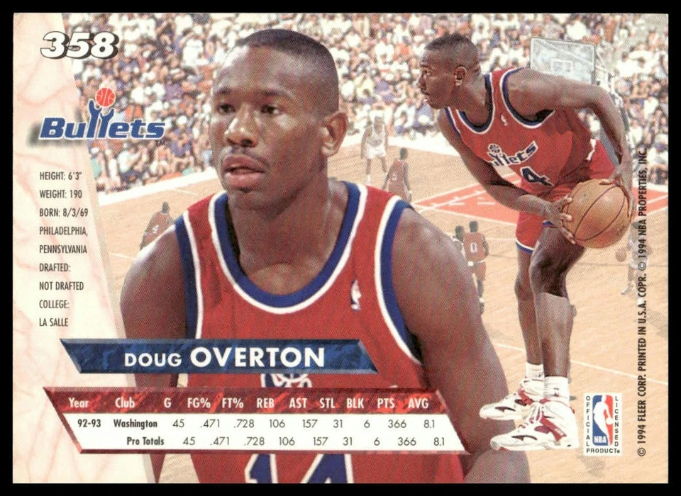 Doug Overton 1993-94 Fleer Ultra #358 Washington Bullets - Image 2 of 2