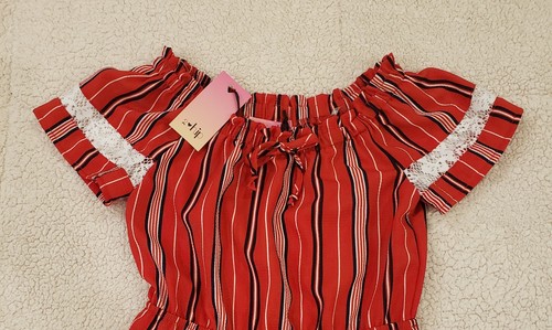 Girl's Red Striped Off Shoulder Romper With Lace Trim Sleeves Size 6 - Picture 3 of 9