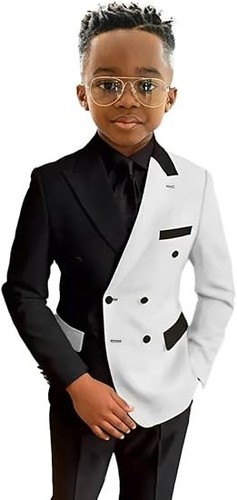 Patchwork Boy Suits Peak Lapel Double Breasted Wedding Groom Ring Bearer 2 Piece - Picture 24 of 33