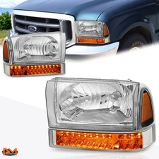For 99-04 Ford F-250/350 Headlight W/Turn Signal Lamp Chrome Housing Amber Side
