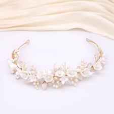 Gold Bridal Headband Ceramic Flowers Wide Pearl Wedding Hair Accessories