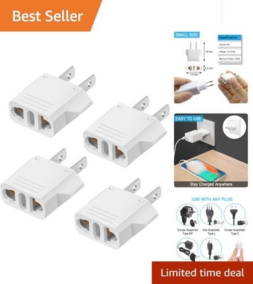 4 Pack Compact European to US Travel Plug Adapter - Safe 220V to 110V Converter
