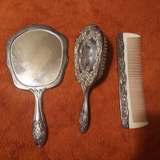 Vintage Ornate Silver-Tone Vanity Set Hand Mirror, Hairbrush  Comb