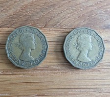 Queen Elizabeth II Three Pence Coins X2 1954 & 1955 British