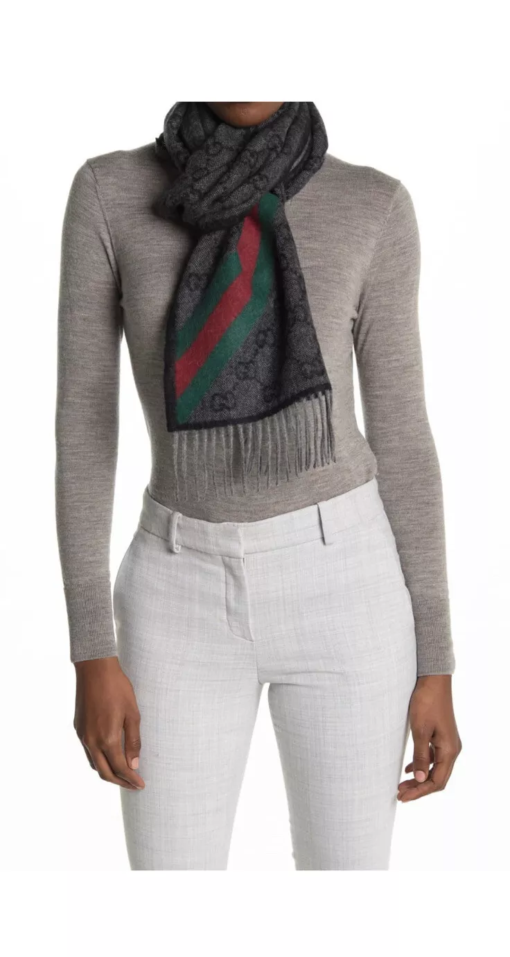 Écharpe neuve authentique Gucci unisexe monogramme suprême GG laine mélangée plomb foncé