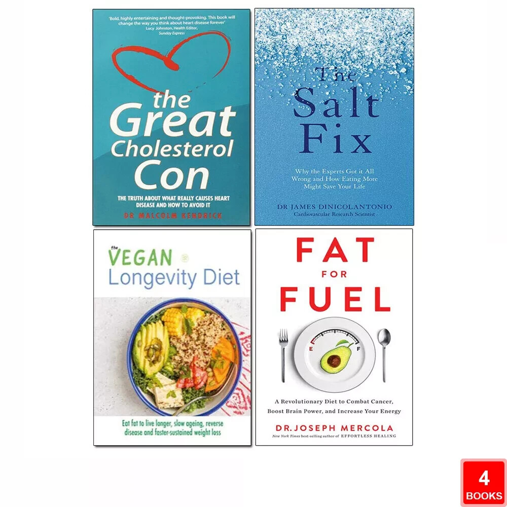 Malcolm Kendrick, James Dinicolantonio,Joseph Mercola Unisex Great Cholesterol Con, Salt Fix, Vegan Longevity Diet, Fat For Fuel 4 Books Collection Set - Image 2