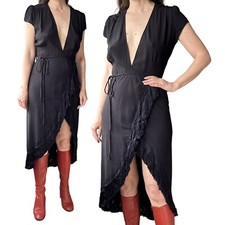 Reformation Black Wrap Over Fringed Low Cut Midi Dress Size Large