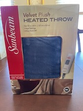 NEW Sunbeam Gray/Blue Heated Plush Throw 50" x 60" 3 Settings 3 Hour Auto Off