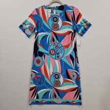 Donna Morgan Dress Size 4 Short Sleeve Jersey Shift Dress Geometric Blue Pink
