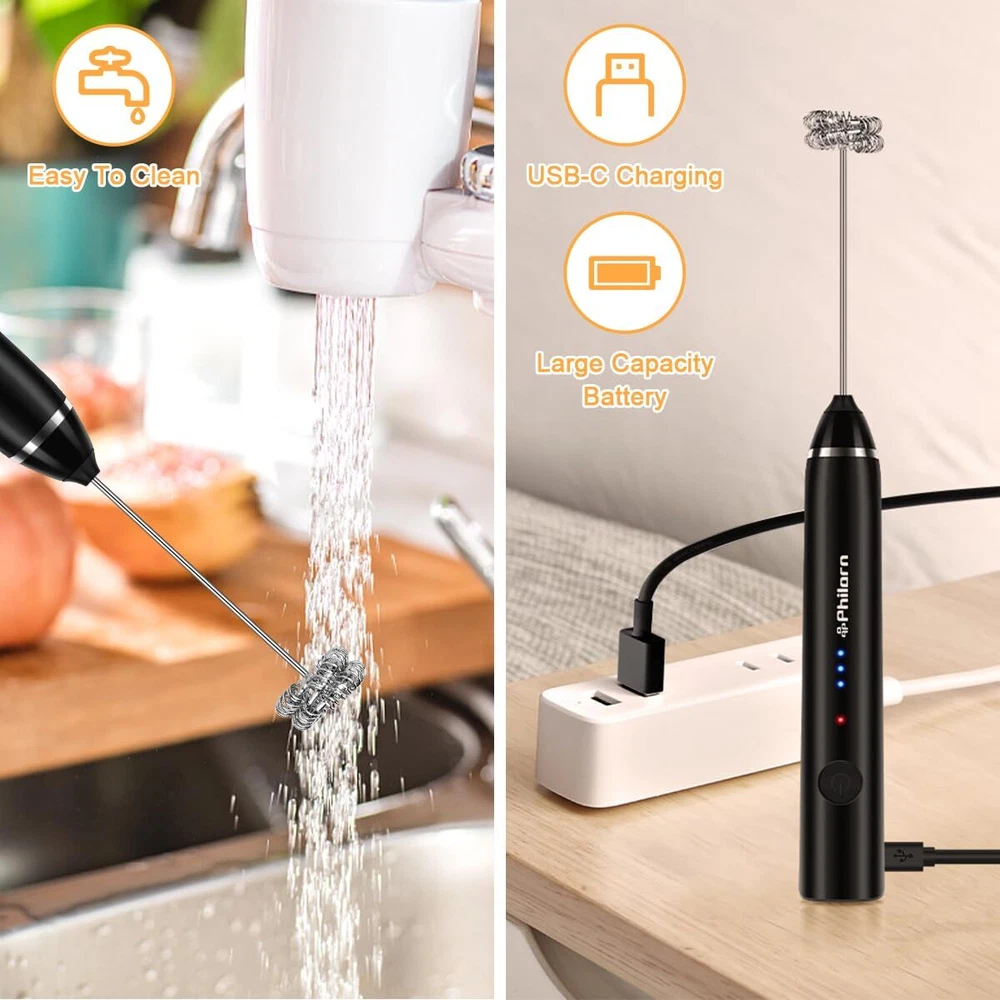 Milk Frother Handheld Rechargeable Coffee Frother - Frother Wand with 2 Heads...