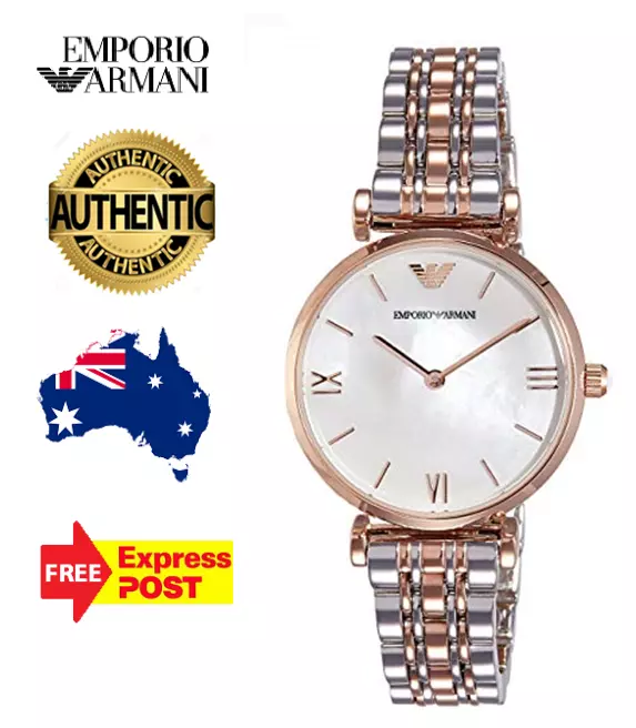 NEW EMPORIO ARMANI AR1683 MOTHER OF PEARL SILVER ROSE GOLD TWO TONE WOMENS WATCH