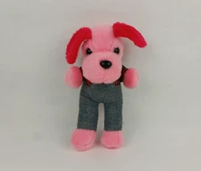 Vintage 80's Dan Brechner 8" Pink Red Puppy Dog Stuffed Plush Plaid Top Overalls