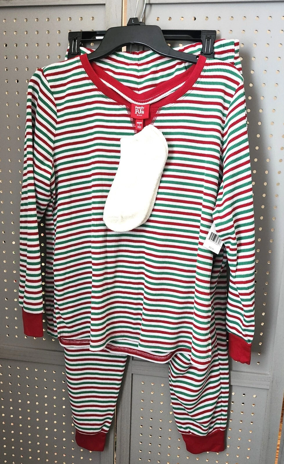 NWT FAMILY THERMAL STRIPE PAJAMAS W/FREE SOCKS, RED/GREEN/WHITE STRIPE, LARGE