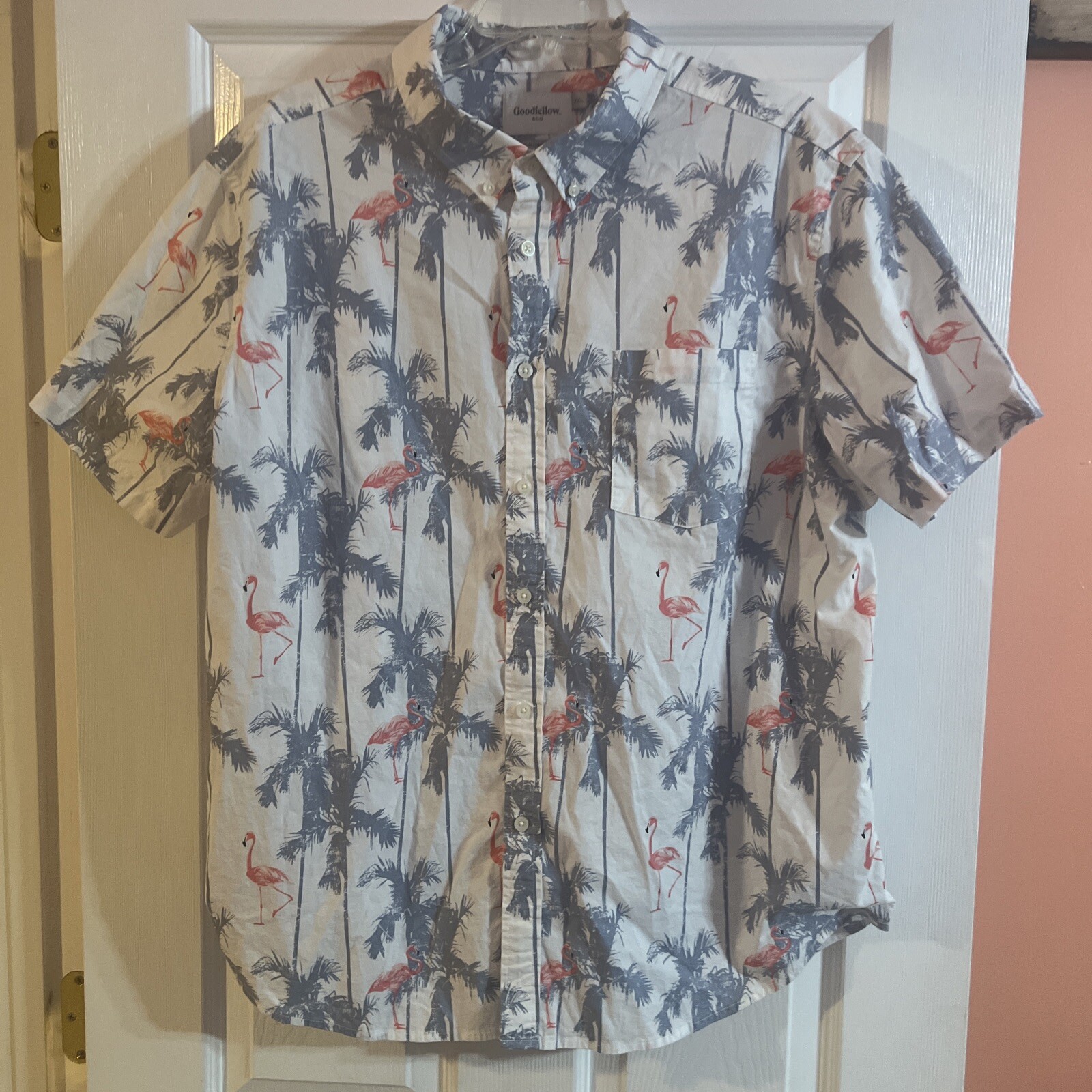 Goodfellow Mens XXL Slim Fit Flamingo Palm Tree White Button Up Shirt  