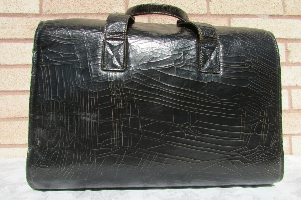 Marc Marmel Black Crackled Leather 8 Wine Bottles Carrier Travel Large Tote Bag - Image 4 of 4