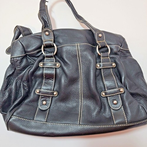 Coldwater Creek Large Black Genuine Leather Satchel Purse Zipper Pocket Pouch - Picture 4 of 9