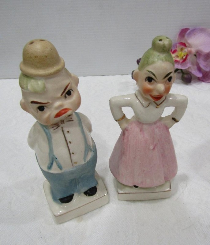 Vintage Japanese Happy Mad Elderly Couple Salt & Pepper Shakers
