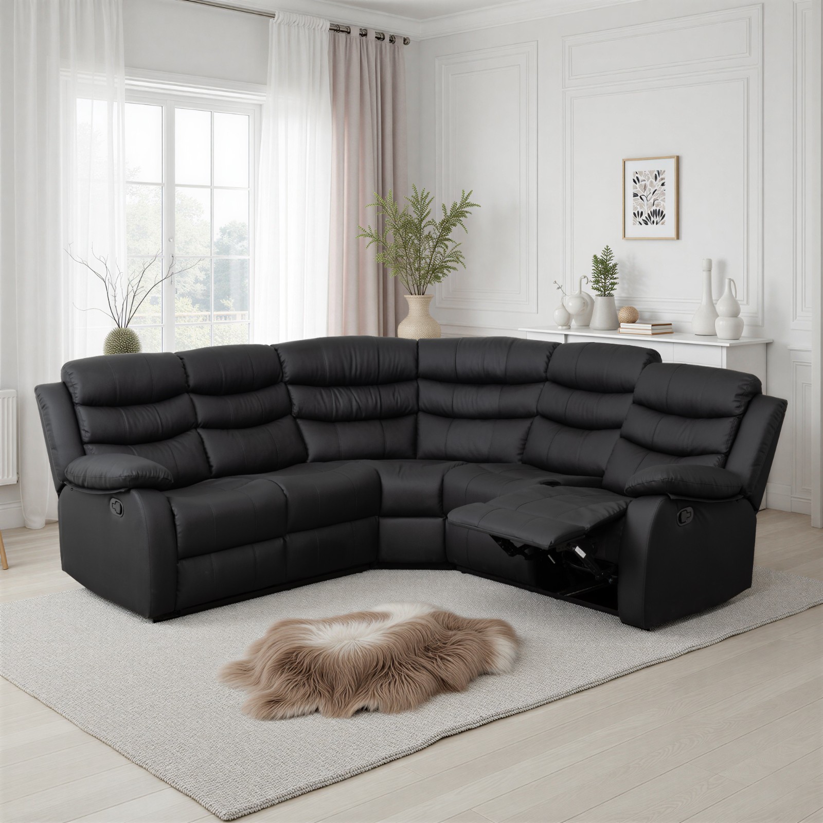 Roma Corner Sofa 5 Seater Black Faux Leather Recliner Sofa UKFR