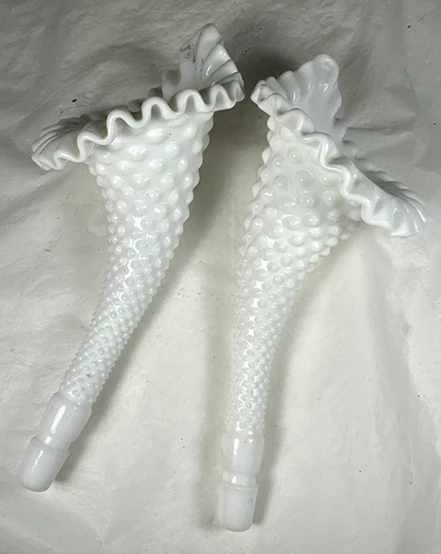 2 Replacement Fenton? Milk Glass Hobnail Epergne Horn 9" long