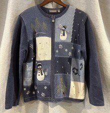 Croft  Barrow Christmas Cardigan Sweater Women L Zip Blue Snowmen Snowflakes