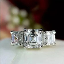3 Ctw Asscher Cut Moissanite Three Stone Engagement Ring 14K White Gold Plated
