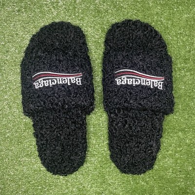Balenciaga Furry Slide Slippers Black Shearling Comfort Men's