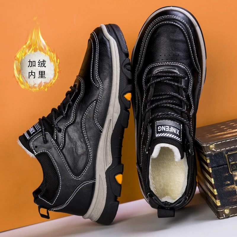Zapatos de vestir informales de cuero hechos por el hombre de felpa cálidos de invierno baratos con cordones para hombre