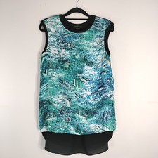 Karen Kane Black & Teal Tank Top; Floral Print, High-Low Hem, Sleeveless
