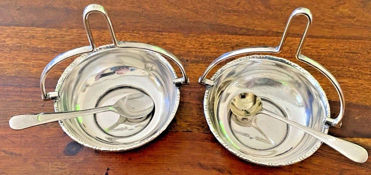 Vintage Pair of Sheffied Silver Plated Open Salts & Spoons - Basket Handles