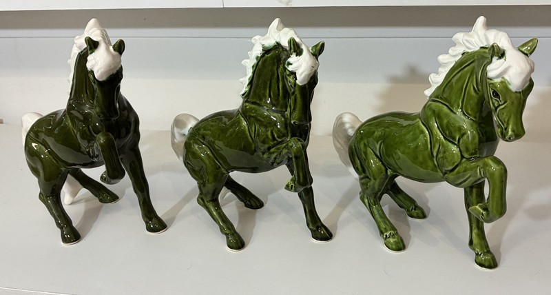 Set of 3 Vintage Ceramic Horse Figurines 8” Green With White Manes-Tails 