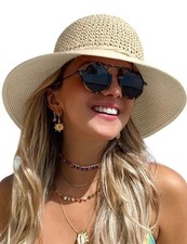 Womens Summer Straw Beach Sun Hat Wide Brim Handmade Crochet Hats Beige Medium
